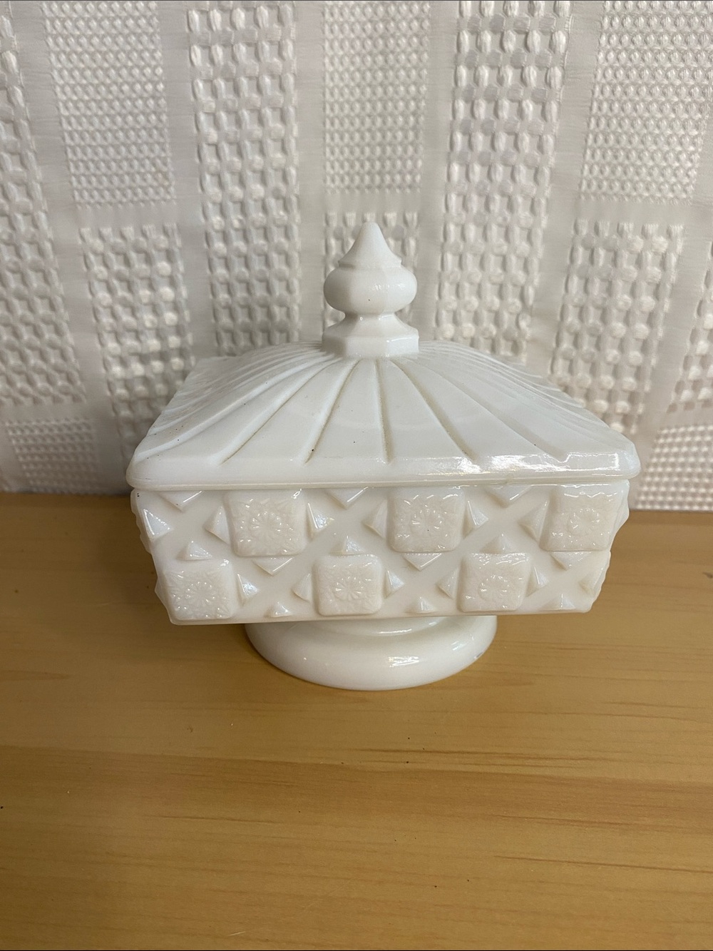 Vintage Westmoreland Old Quilted Milk Glass Candy Dish Square Pedestal lid